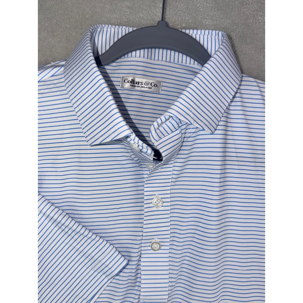 Collars & Co Mens Medium Relaxed Dress Collar Polo Blue White Striped Golf Shirt